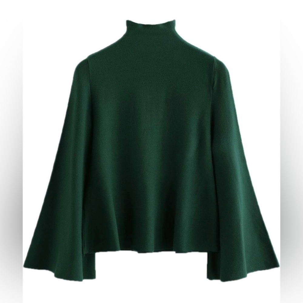 Dark green mock neck sweater with bell sleeves